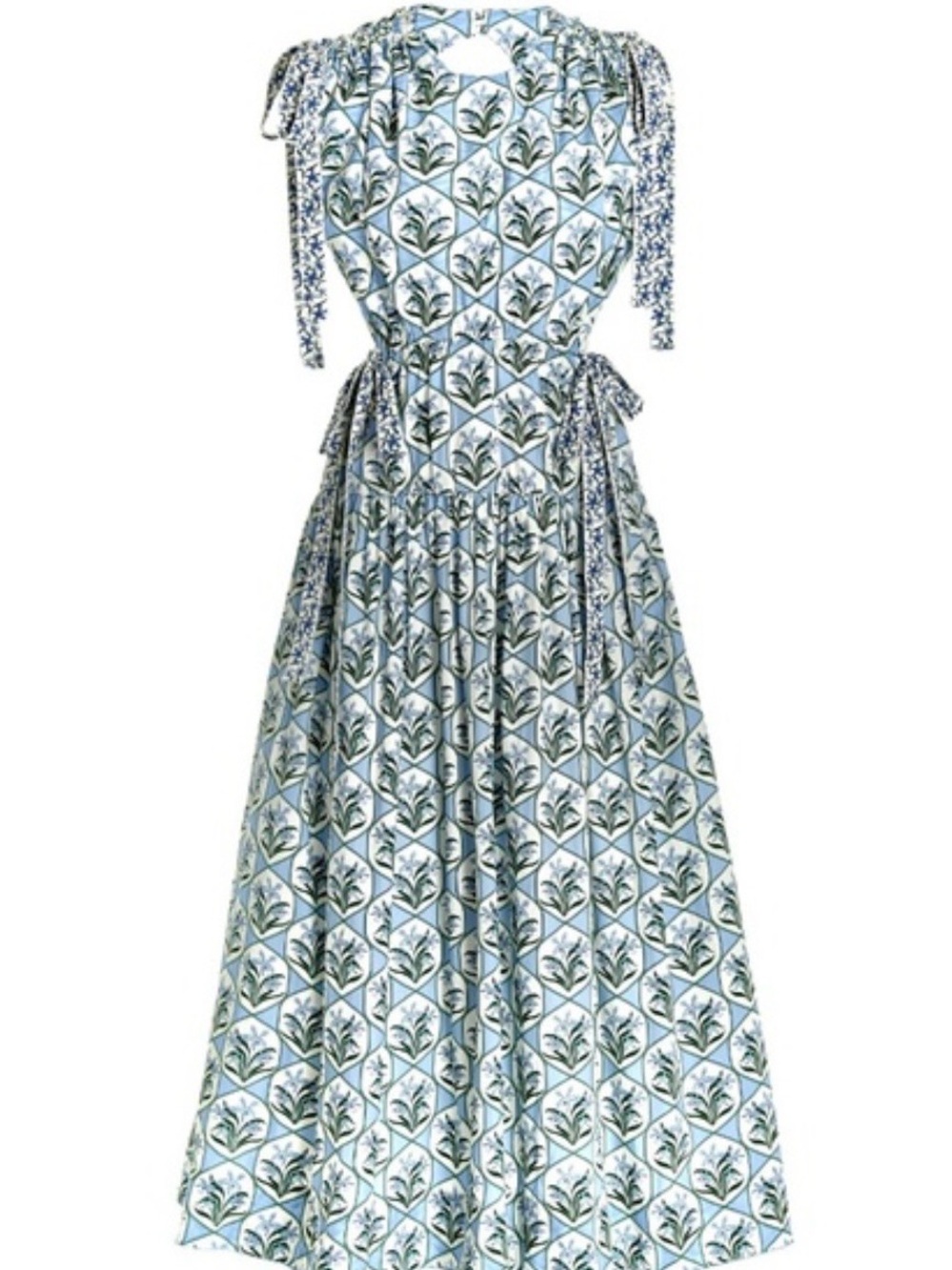 Agua Bendita Blue and White Tile-Print Tie-Shoulder Maxi Dress